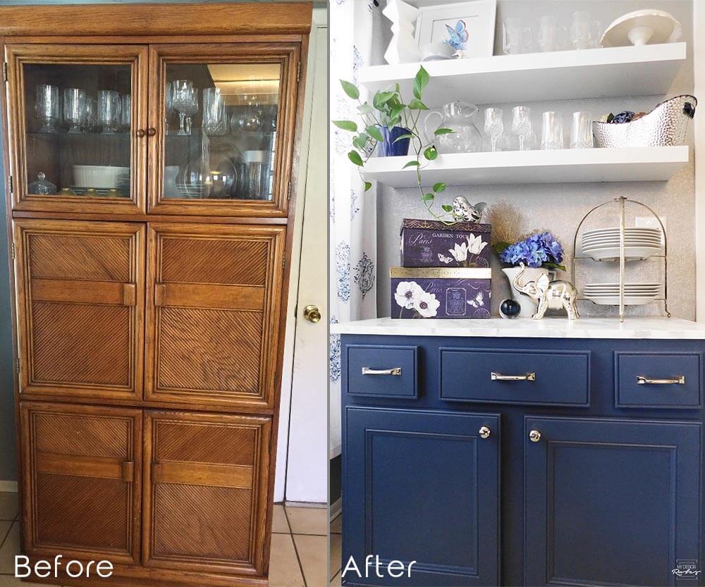 I switched out this 80s cabinet for an old sink vanity turned buffet. Added a few Ikea lack shelves and some removable wall paper. Color is Sherwin Williams Indigo Batik. An easy DIY upgrade to an online garage sale find. Use it as a test before you paint your whole kitchen. #offerup #beforeandafter #paintedfurniture #color #furniture