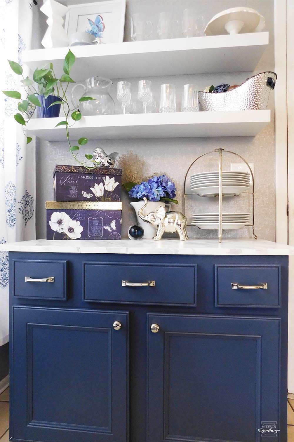 Painted kitchen cabinets using Sherwin Williams Indigo Batik. An easy DIY upgrade to an online garage sale find. Use it as a test before you paint your whole kitchen. #offerup #beforeandafter #paintedfurniture #color #furniture