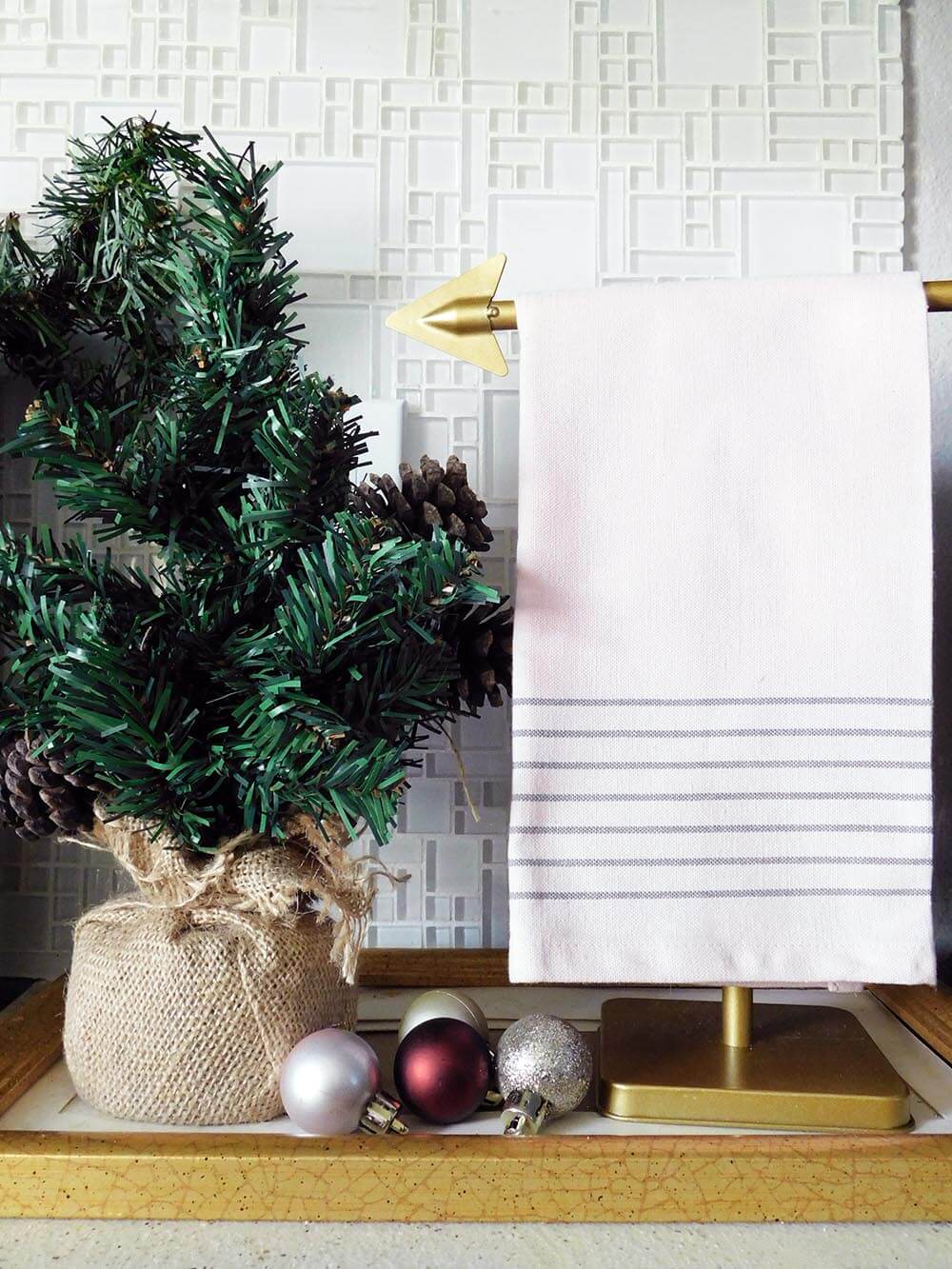 Ikea blush kitchen towel and mini Christmas tree #Christmasdecor