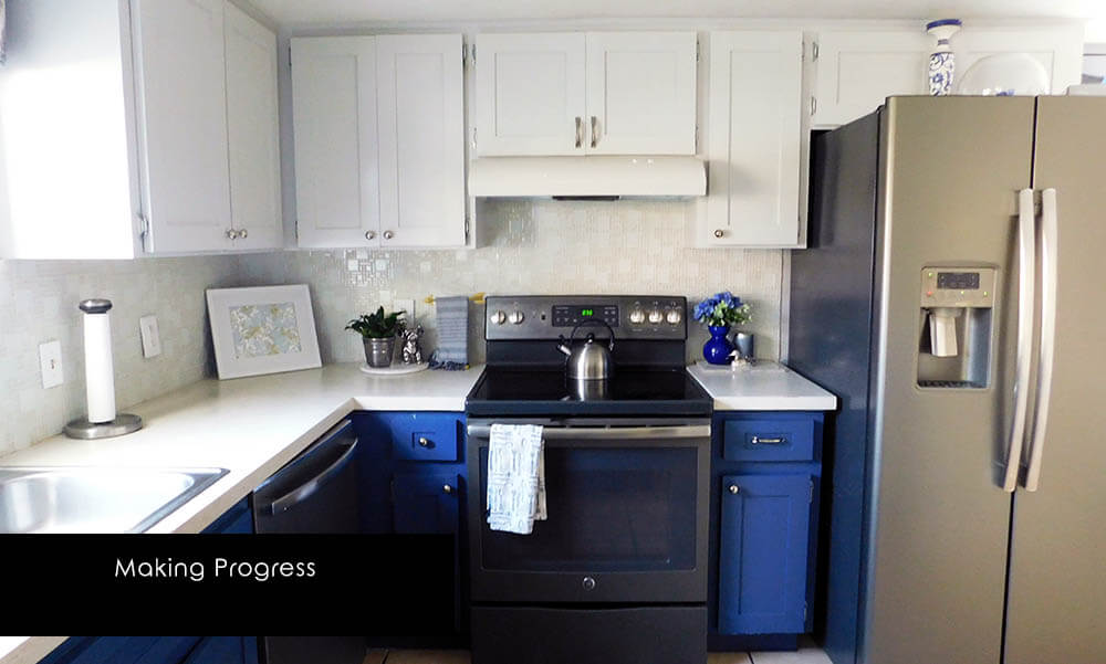 blue and gray kitchen progress photo