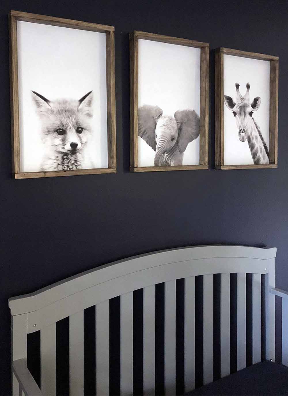 gray Crib and woodland animals in easy diy wood frame-sm